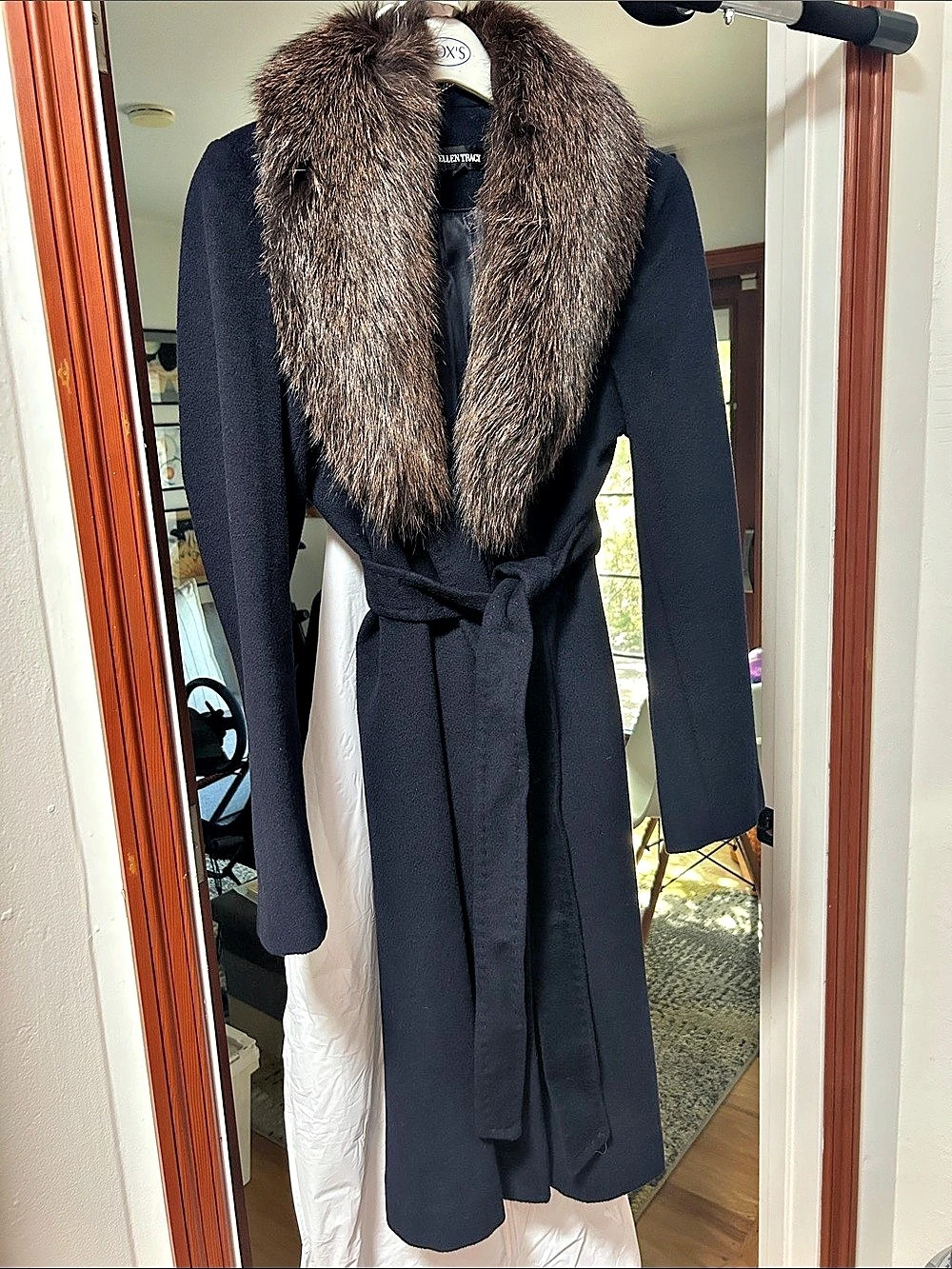 Ellen Tracy Belted Coat with Fox Fur Collar Large